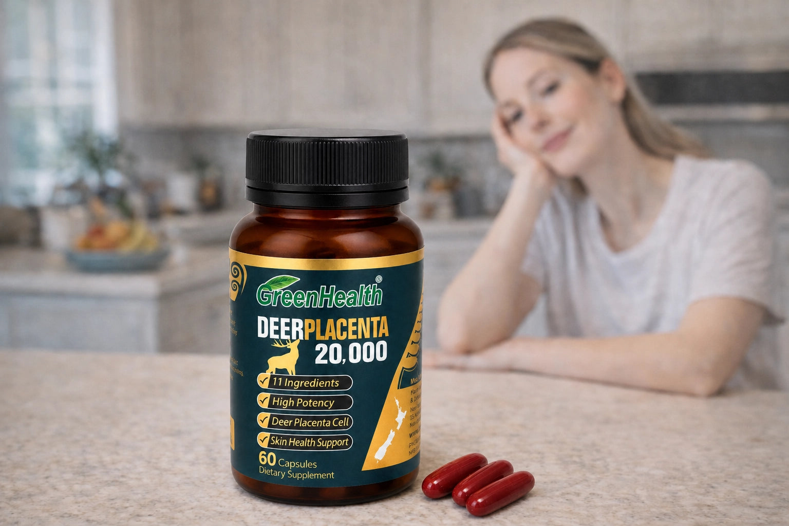 Deer Placenta 20,000mg bottle in a bright kitchen lifestyle setting