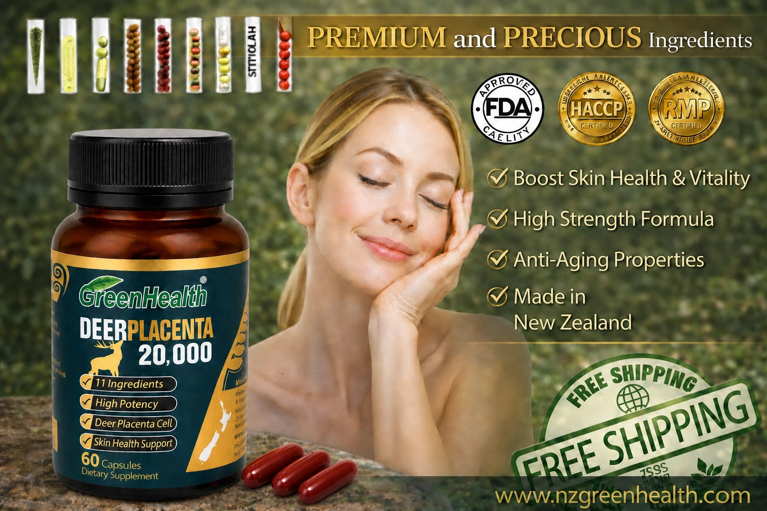 Deer Placenta 20,000mg premium ingredients and beauty wellness formula graphic
