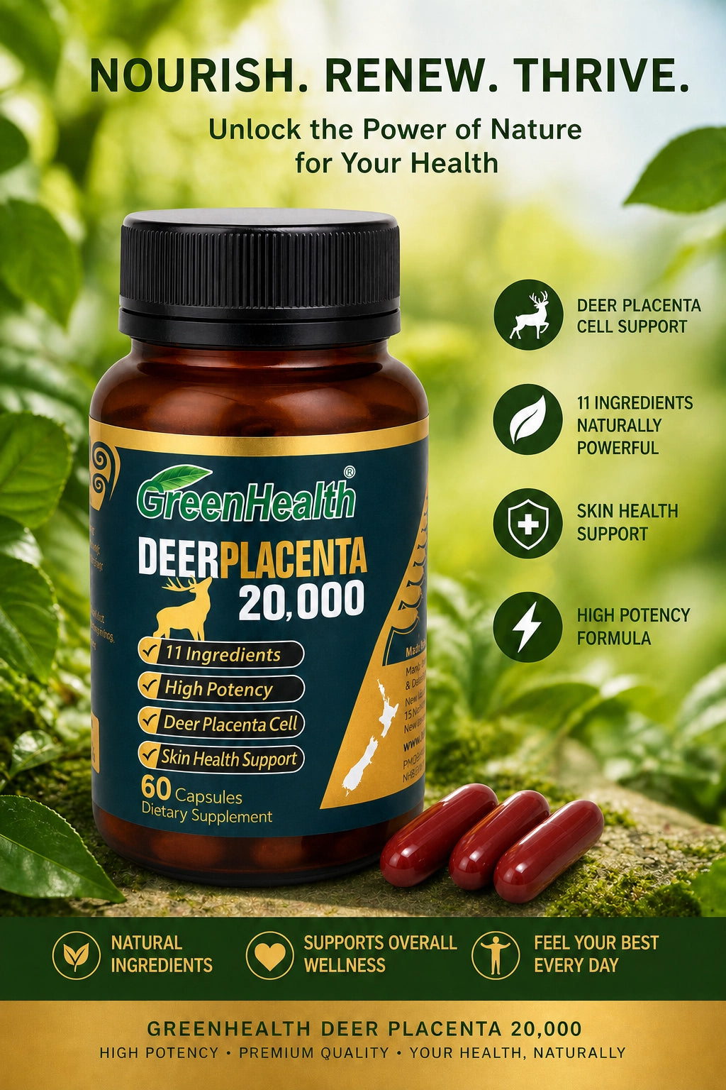 Deer Placenta 20,000mg wellness supplement with Nourish Renew Thrive benefits graphic