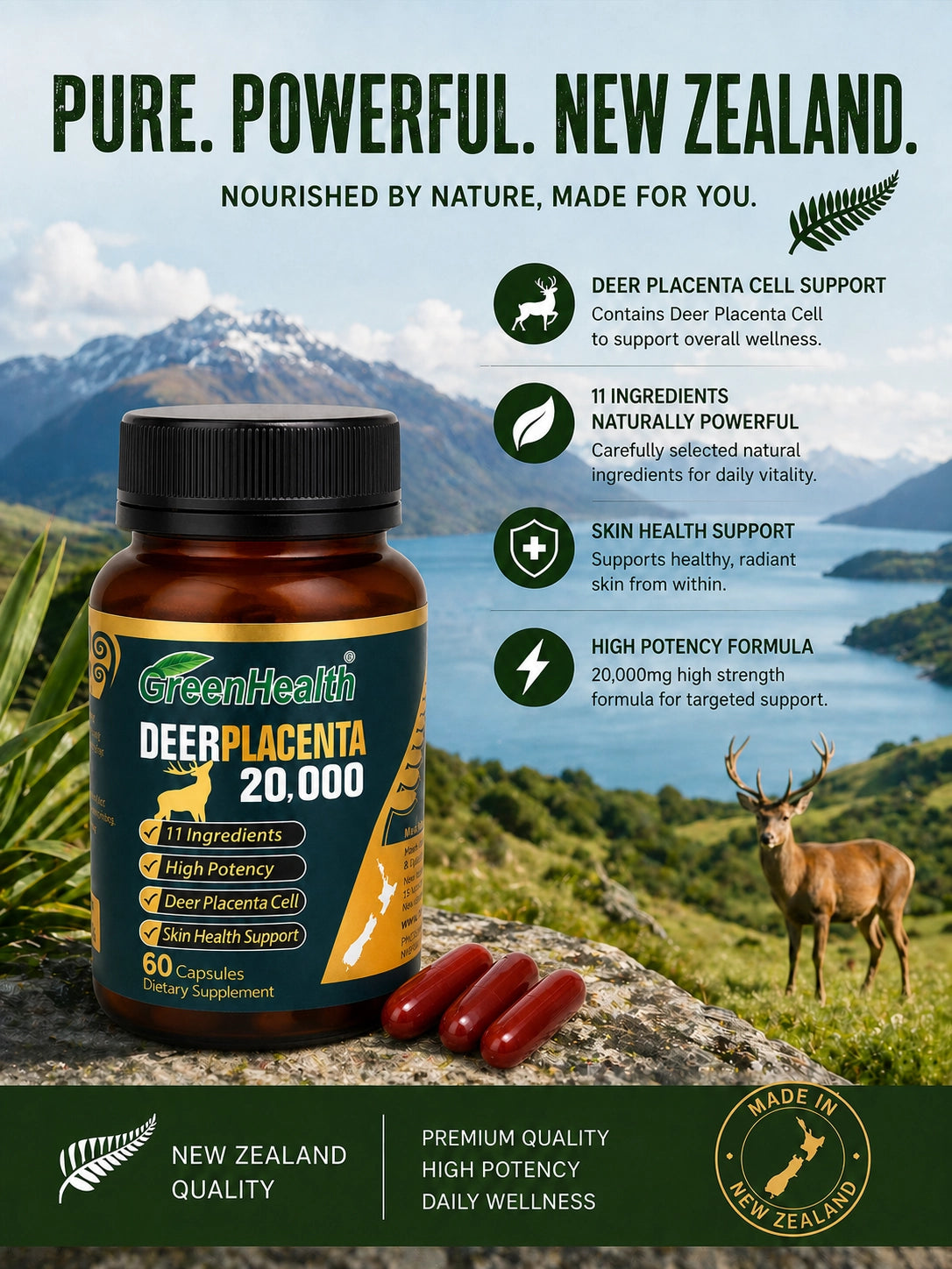 Deer Placenta 20,000mg supplement with New Zealand origin and premium formula details