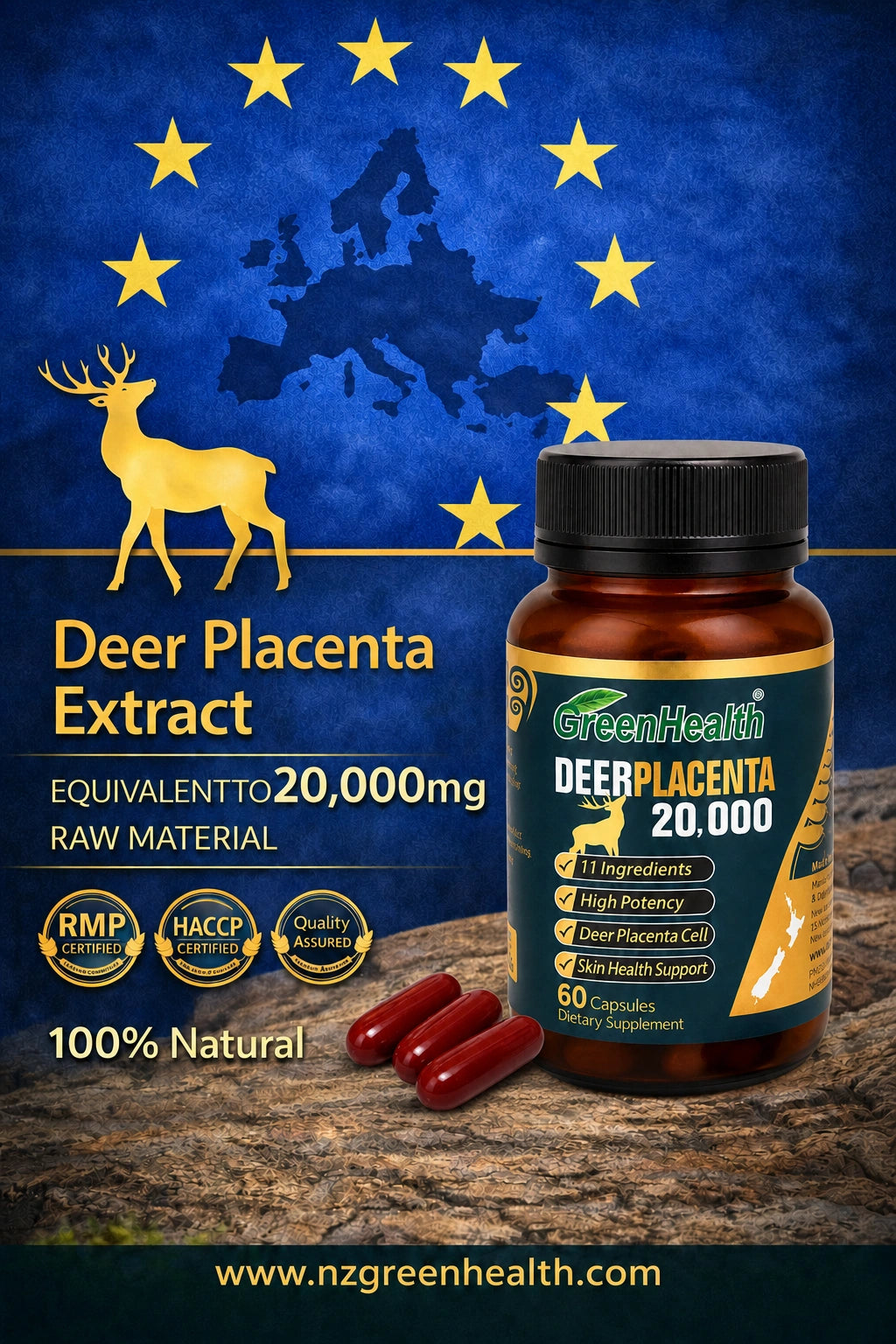 Deer Placenta 20,000mg formula featuring deer placenta extract and supporting ingredients
