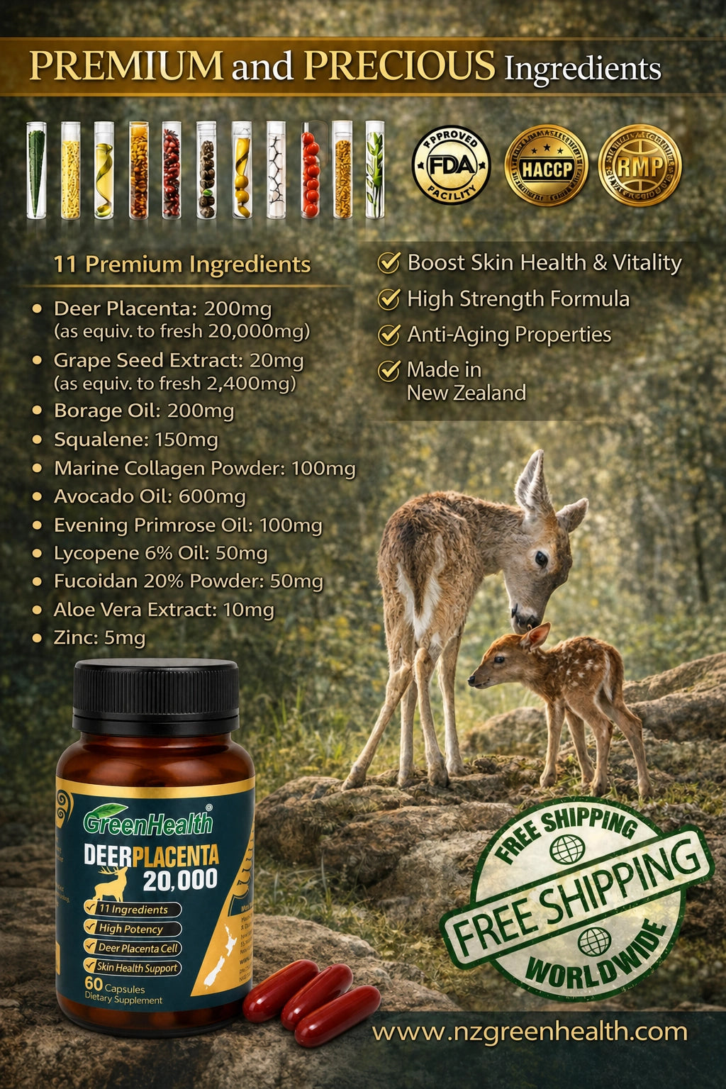 Deer Placenta 20,000mg supplement with premium deer-derived ingredients graphic