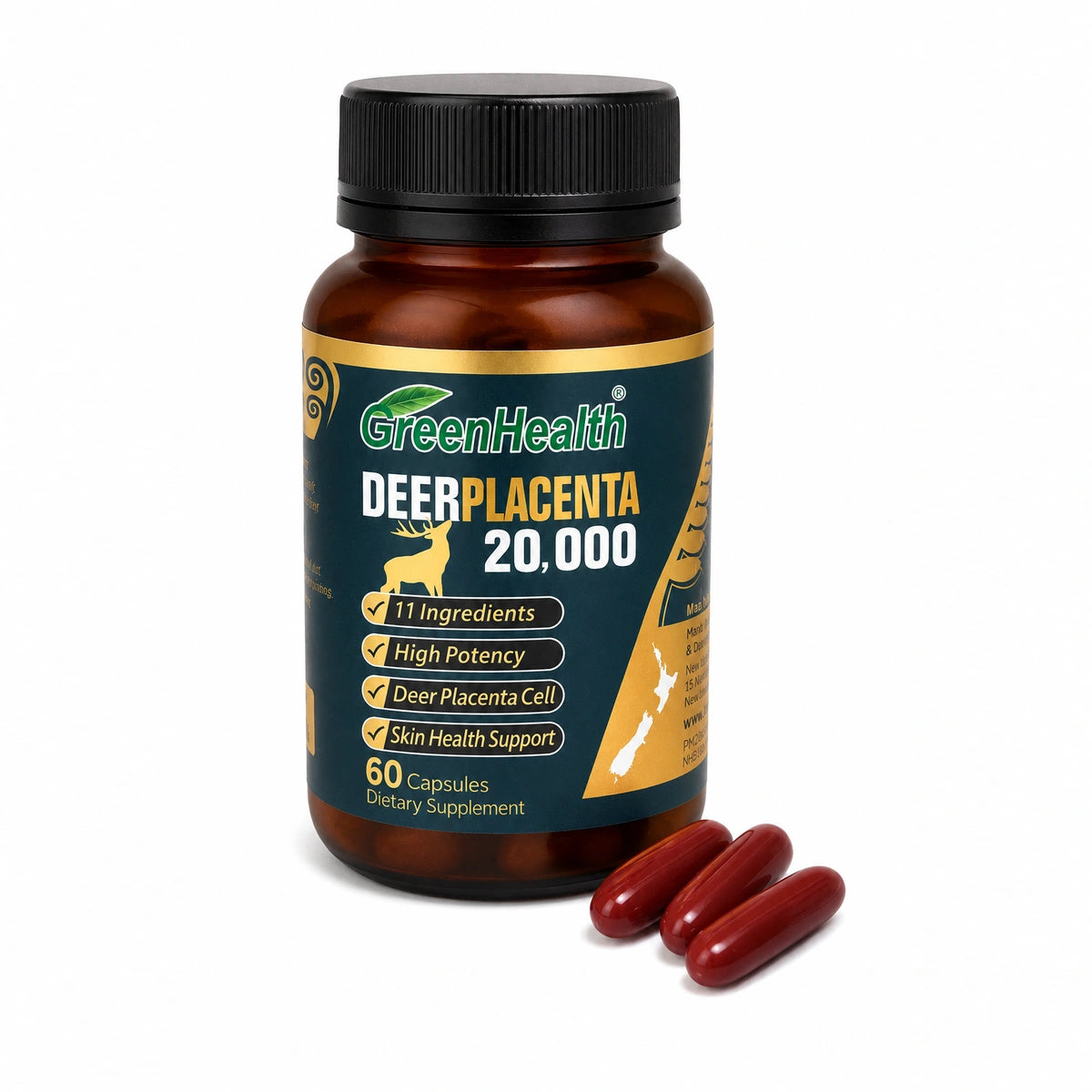 Deer Placenta 20,000mg bottle with red capsules displayed beside it