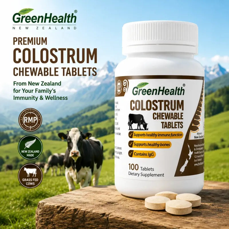 Colostrum 100 Chewable Tablets – product benefits and ingredients graphic