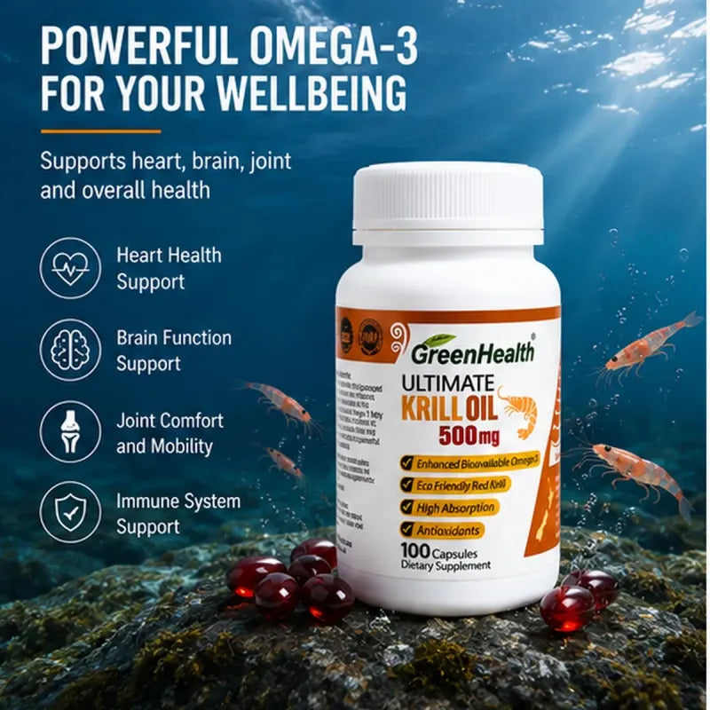 Krill Oil 500mg x 100 Capsules – bottle with capsules displayed