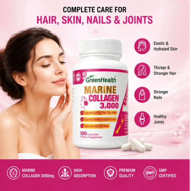 Marine Collagen 3000mg x 100 vege capsules – product benefits and ingredients graphic