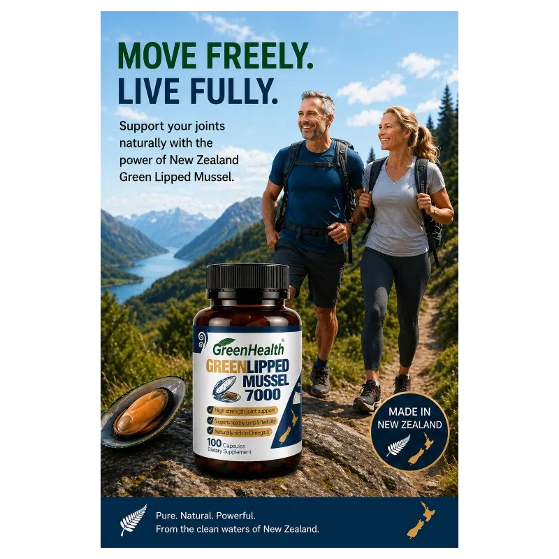 Green Lipped Mussel 7000mg 100 Capsules – bottle with capsules displayed