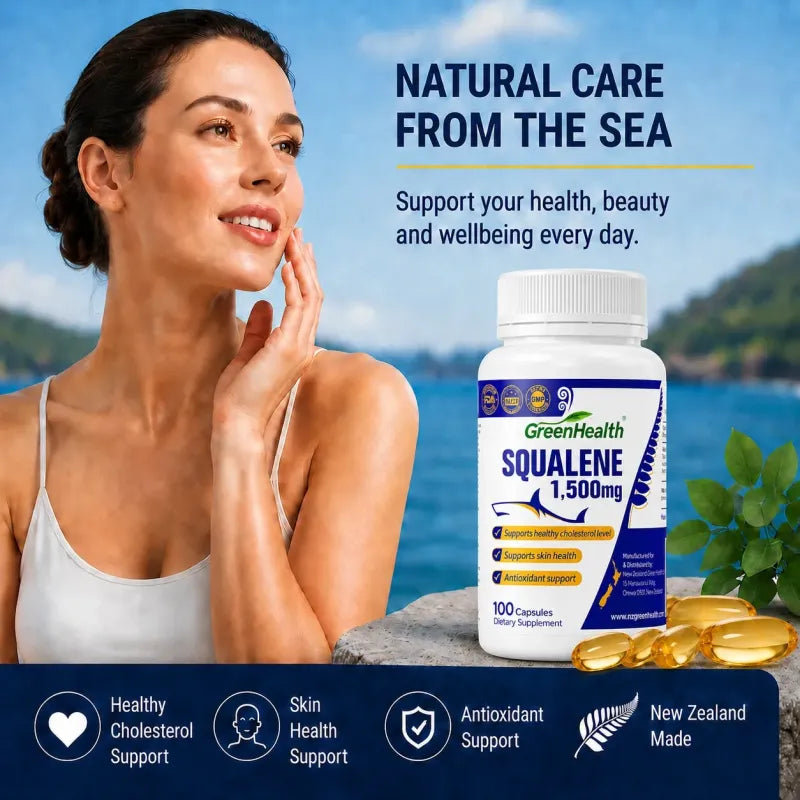 Squalene 1500mg x 100 Capsules – product benefits and ingredients graphic