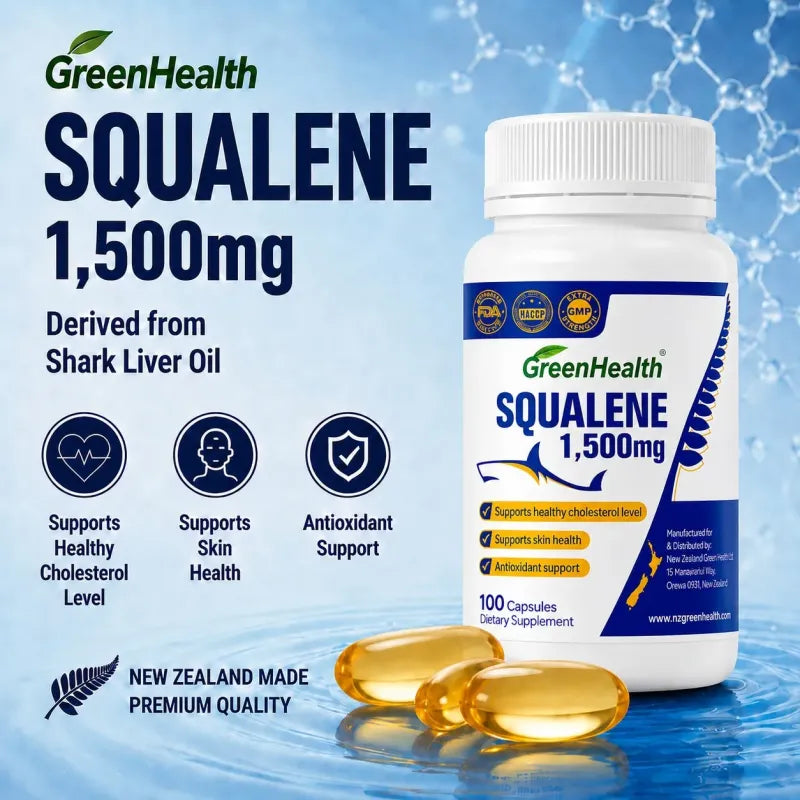 Squalene 1500mg x 100 Capsules – bottle with capsules displayed
