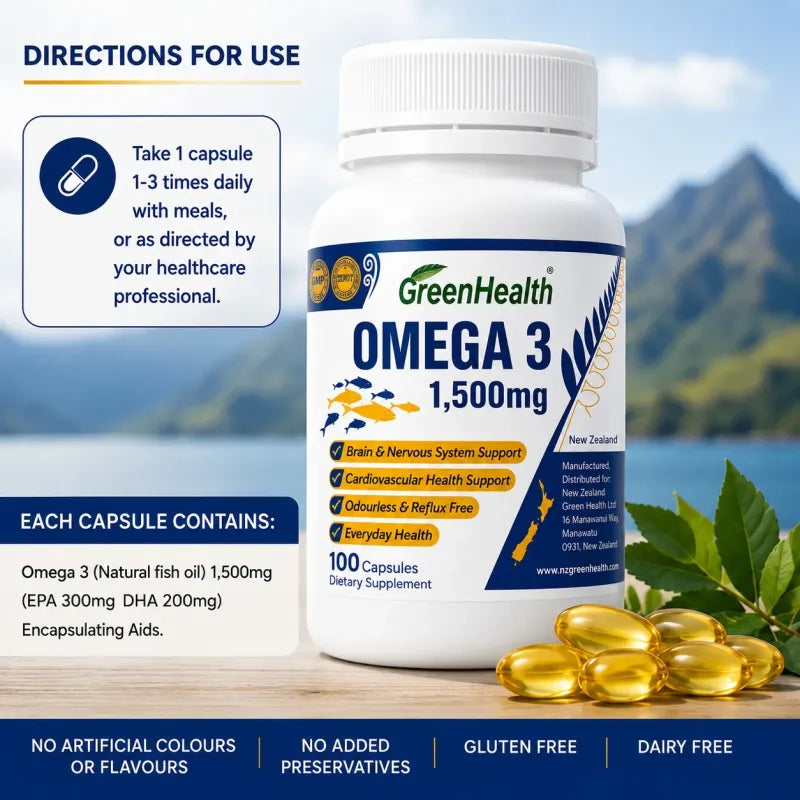 Omega 3 1500mg x 100 Capsules – back label and ingredients panel