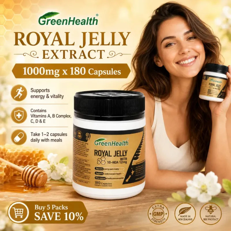 Royal Jelly Extract 1000mg x 180 Capsules – back label and ingredients panel