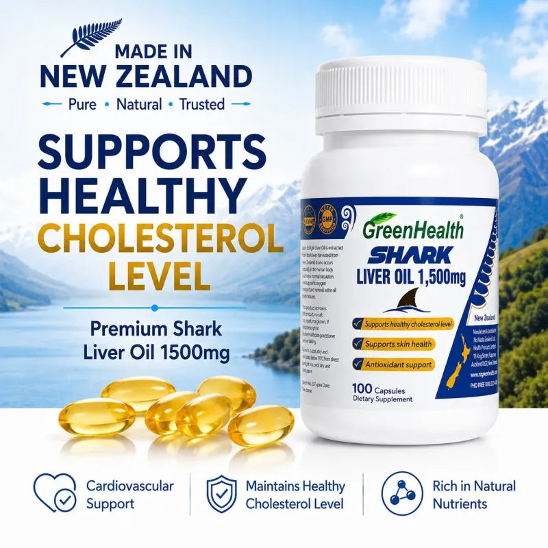 Shark Liver Oil 1500mg x 100 Capsules – product benefits and ingredients graphic